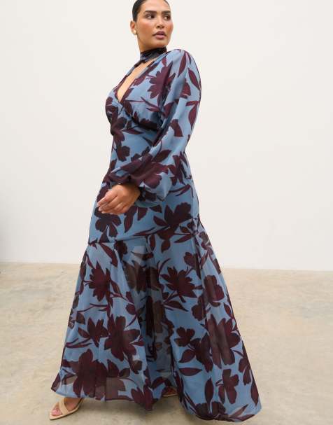Pretty Lavish Curve v-neck scarf detail long sleeve chiffon maxi dress in blue blown up floral print - view 1