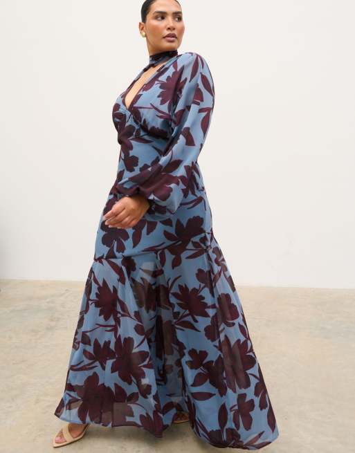 Pretty Lavish Curve v-neck scarf detail long sleeve chiffon maxi dress in blue blown up floral print