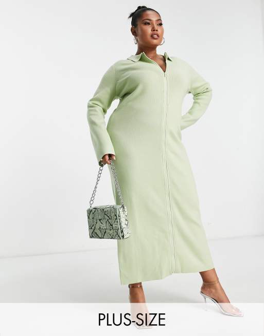 Pretty Lavish Curve - Vestito camicia in maglia color menta con zip