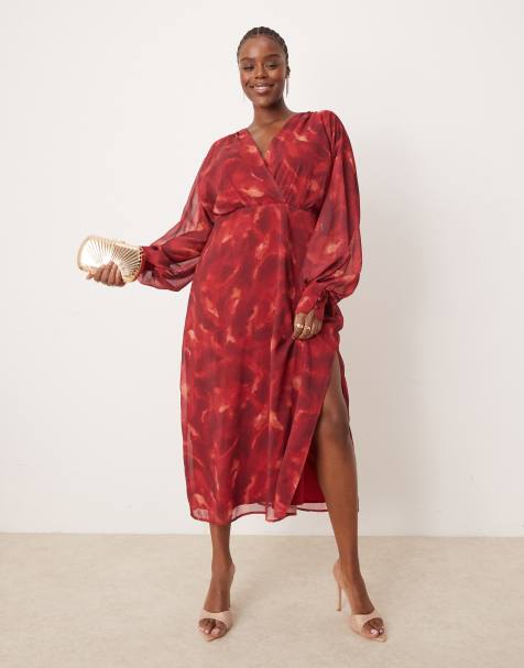 Pretty Lavish Curve - Vestito con gonna al polpaccio rosso stampato con maniche a palloncino - view 1