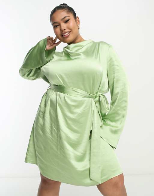 Pretty Lavish Curve - Vestito corto in raso color oliva chiaro allacciato in vita