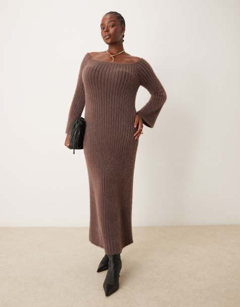 Pretty Lavish Curve - Vestito in maglia color prugna cioccolato con gonna al polpaccio - view 1
