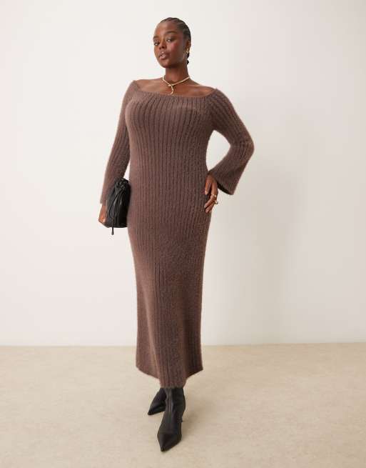 Pretty Lavish Curve - Vestito in maglia color prugna cioccolato con gonna al polpaccio