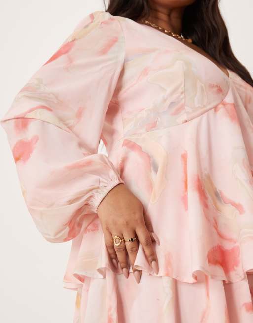 Pretty Lavish Curve - Vestito lungo a maniche lunghe rosa e marrone sfumato con volant, 3 di 4