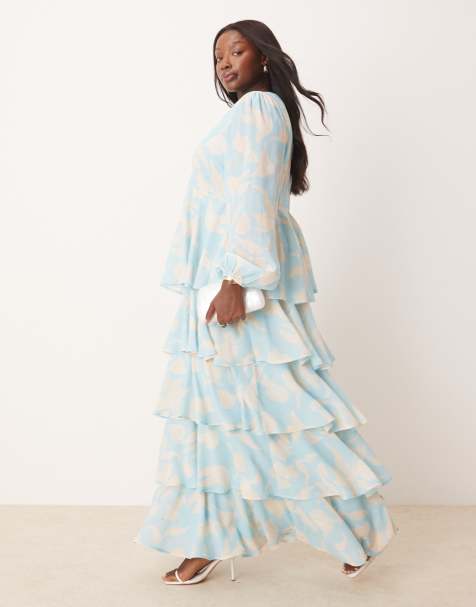 Pretty Lavish Curve - Vestito lungo blu a fiori con volant - view 1