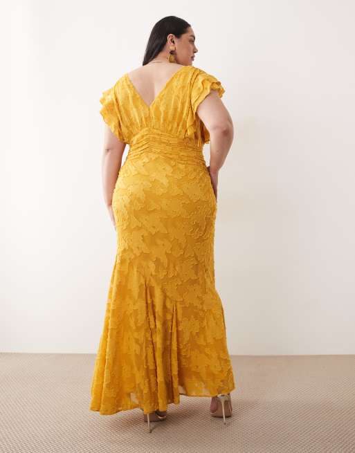 Pretty Lavish Curve - Vestito lungo giallo ocra jacquard con maniche a volant e scollo a V profondo, 2 di 4