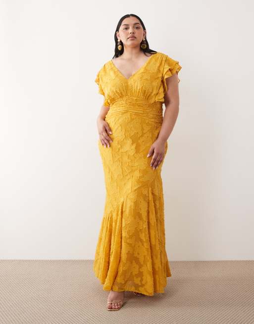 Pretty Lavish Curve - Vestito lungo giallo ocra jacquard con maniche a volant e scollo a V profondo, 3 di 4