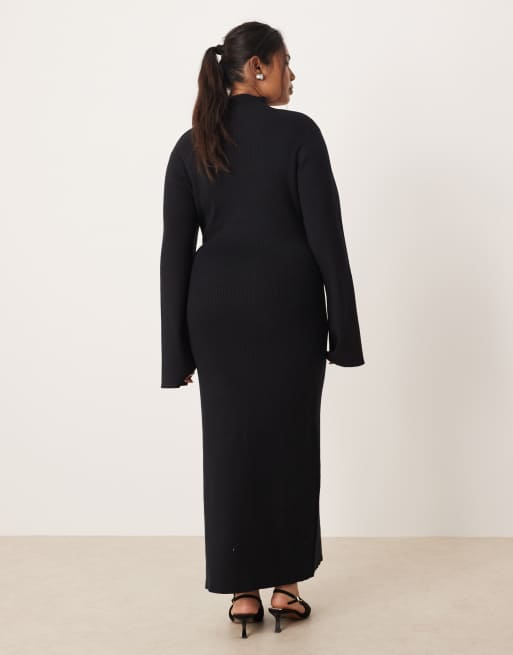 Pretty Lavish Curve - Vestito lungo nero in maglia con collarino e scollo squadrato, 2 di 4