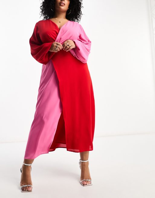 Pretty Lavish Curve - Vestito lungo rosa e rosso a contrasto con nodo sul davanti, 2 di 4