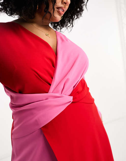 Pretty Lavish Curve - Vestito lungo rosa e rosso a contrasto con nodo sul davanti, 3 di 4