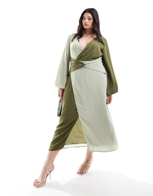 Pretty Lavish Curve - Vestito midi oliva e salvia a contrasto con nodo sul davanti