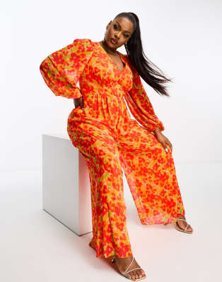 Pretty Lavish Curve Wide Leg Jumpsuit In Red And Orange Floral-multi