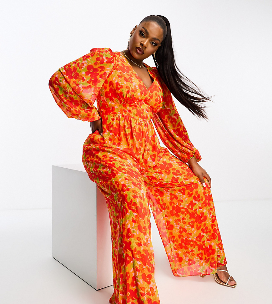 wide leg jumpsuit in red and orange floral-Multi