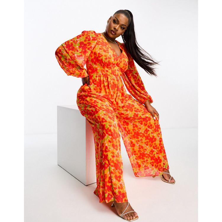 Pretty Lavish Curve wide leg jumpsuit in red and orange floral