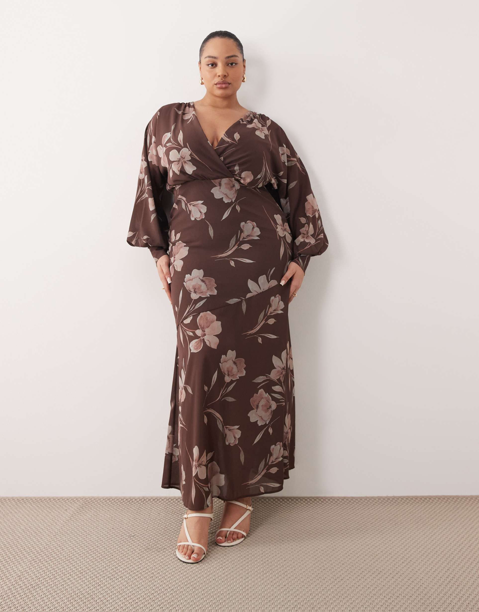 pretty lavish curve wrap front and back batwing sleeve maxi dress in chocolate floral