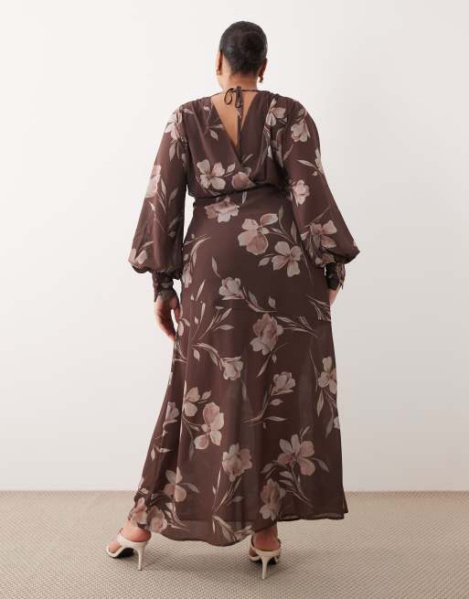 Pretty Lavish Curve wrap front and back batwing sleeve maxi dress in chocolate floral, 2 of 4