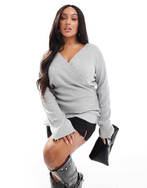 Pretty Lavish Curve wrap knit top in gray - view 1