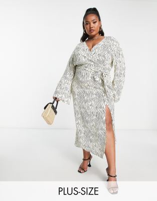 Pretty Lavish Curve wrap midi dress in abstract wave print-White