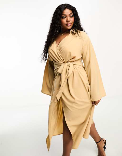 Pretty Lavish Curve wrap midi shirt dress in camel | ASOS