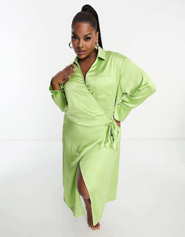 Pretty Lavish Curve - wrap shirt midaxi dress in apple green