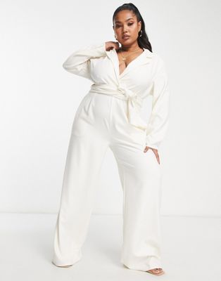 Pretty Lavish Curve wrap waist tailored jumpsuit in cream - ASOS Price Checker