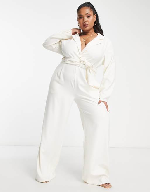 Pretty Lavish Curve wrap waist tailored jumpsuit in cream | ASOS