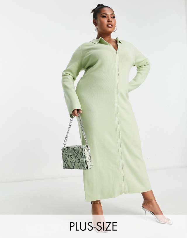 Pretty Lavish Curve zip front knit shirt dress in mint