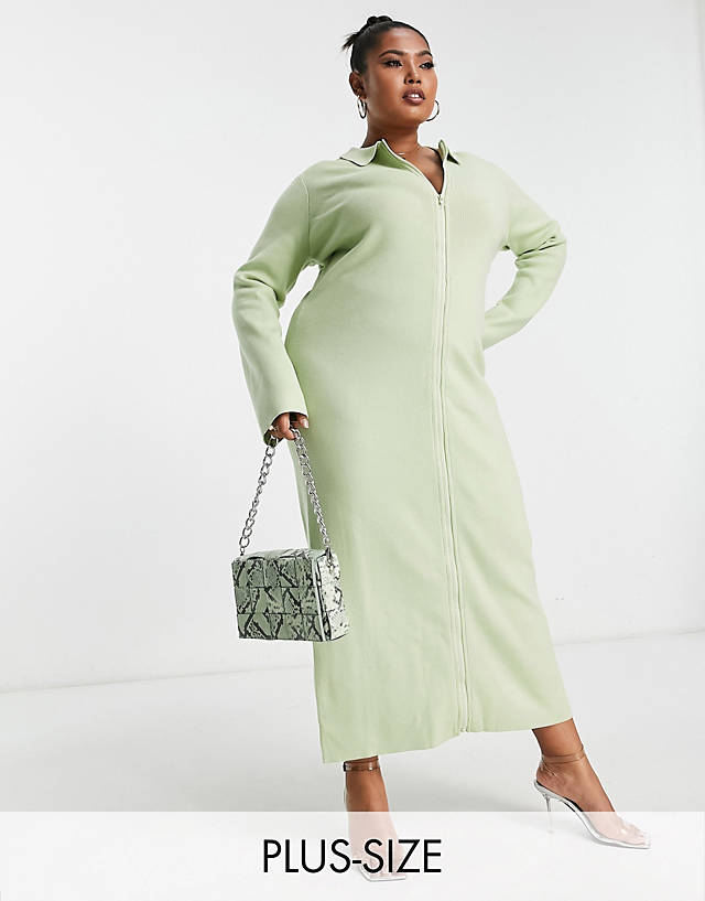 Pretty Lavish Curve - zip front knitted shirt dress in mint