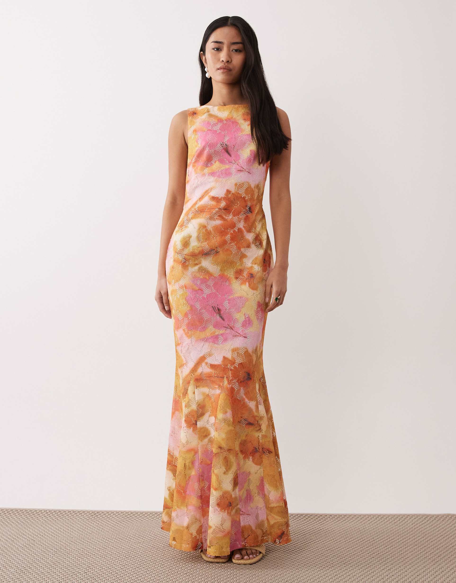 pretty lavish cut out back maxi dress in pink and yellow floral
