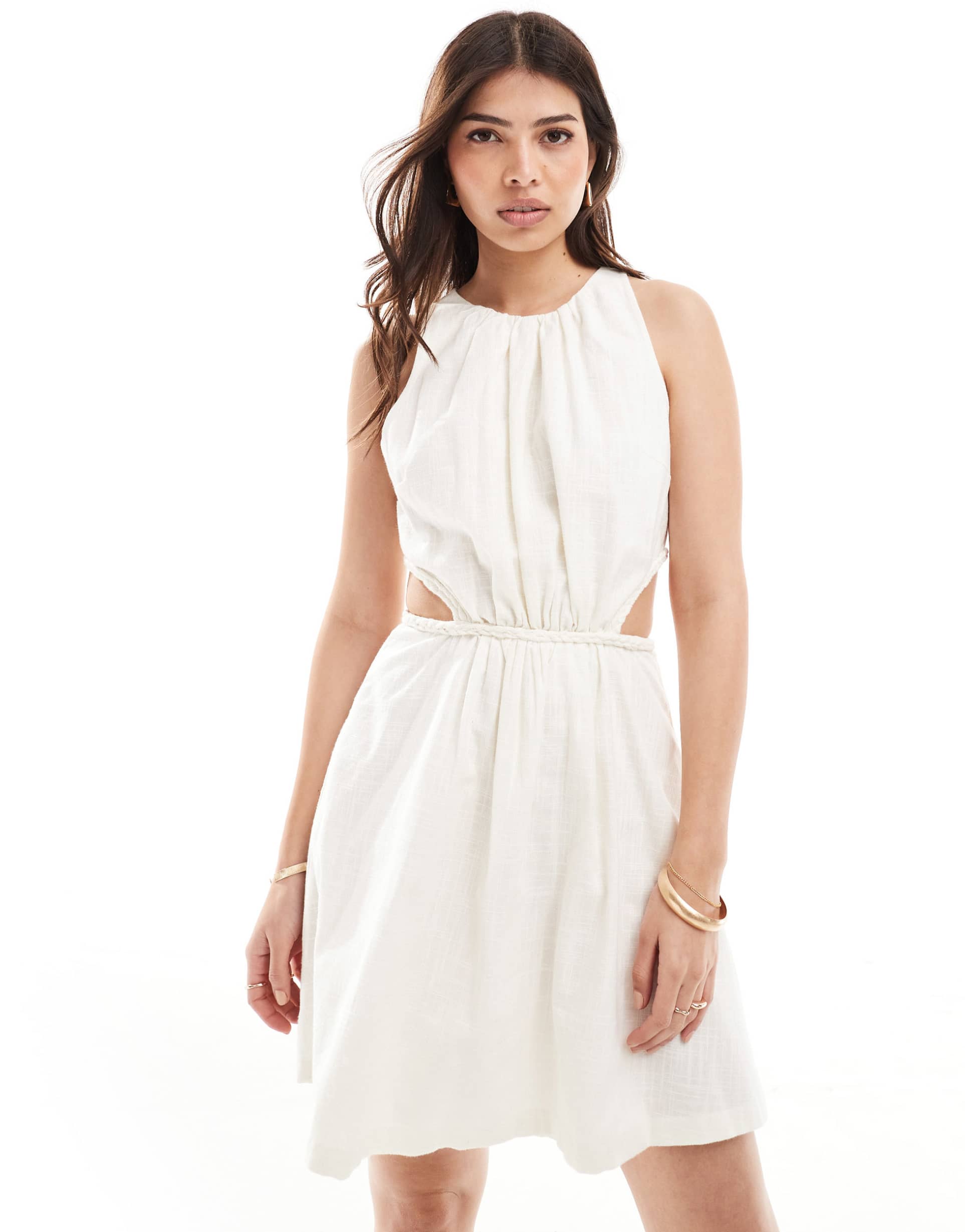 pretty lavish cut-out cotton mini dress in cream