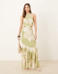 [Pretty Lavish] Pretty Lavish cut-out frill maxi dress in oversized olive floral-Multi 8 Olive floral