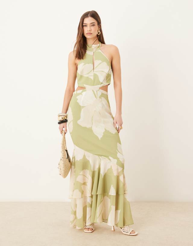 Pretty Lavish cut-out frill maxi dress in oversized olive floral