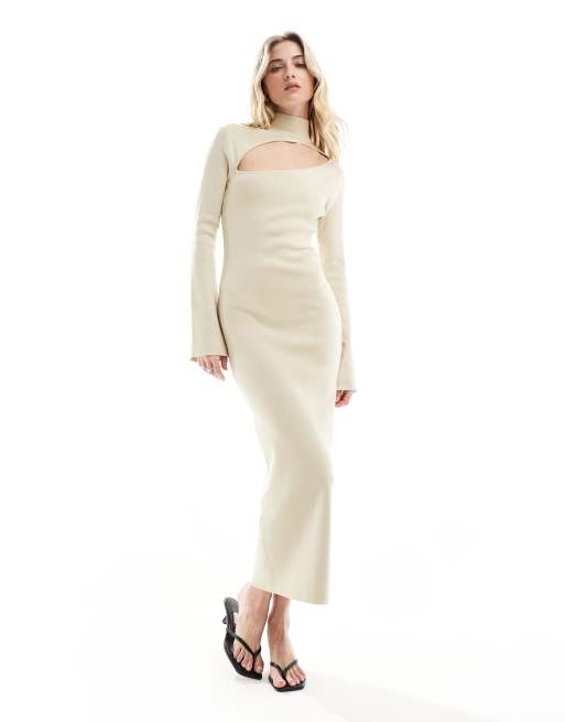 Pretty Lavish cut-out knit midaxi dress in beige