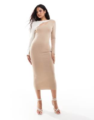 cut-out knit midaxi dress in neutral color block