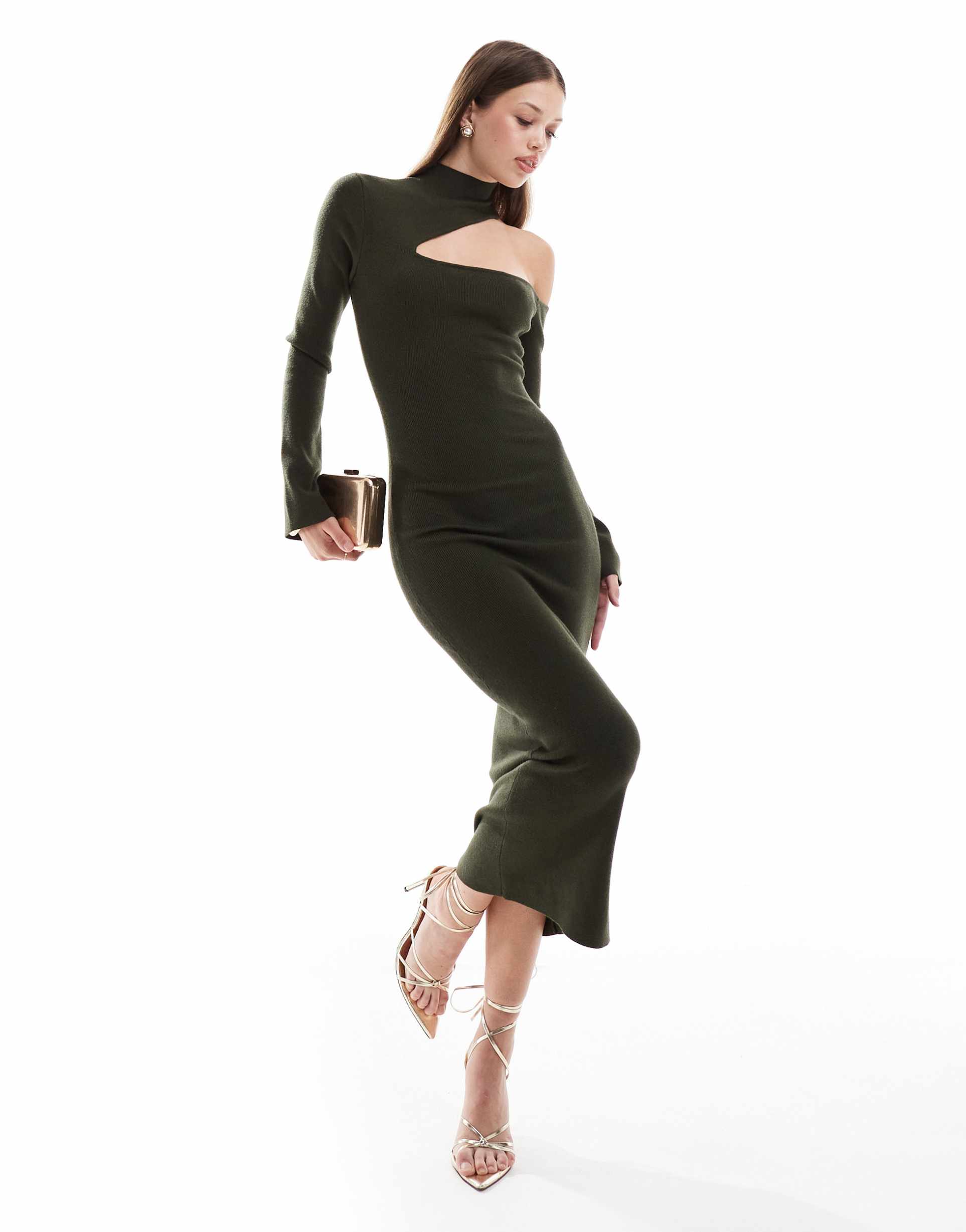 pretty lavish cut-out knit midaxi dress in olive