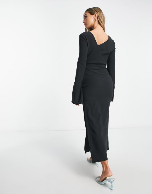 Black Square Neck Long Sleeve Midaxi Dress