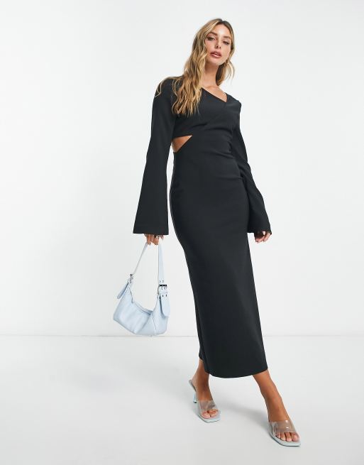 Black Square Neck Long Sleeve Midaxi Dress