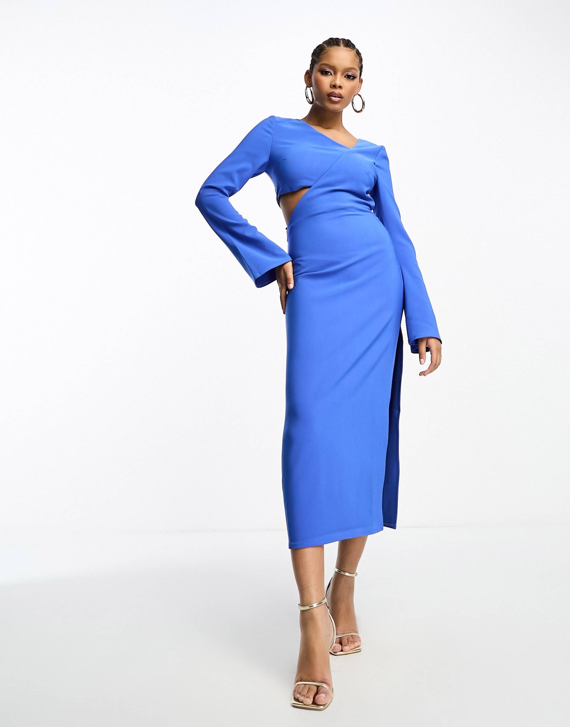 pretty lavish cut-out long sleeve midaxi dress in cobalt