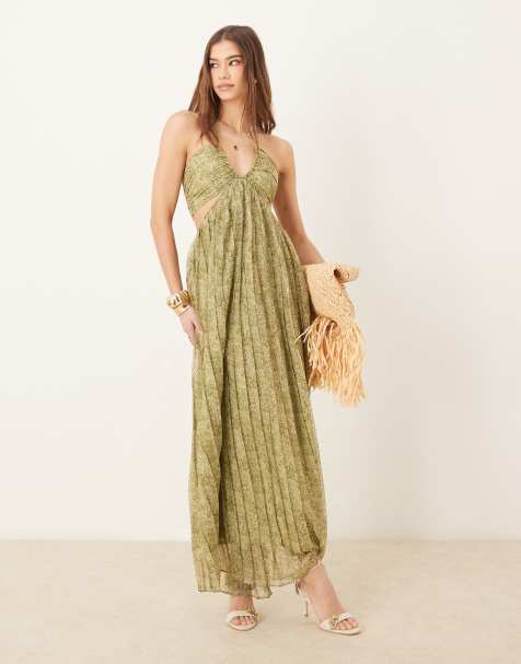 Pretty Lavish cut-out pleated maxi dress in olive floral - view 1