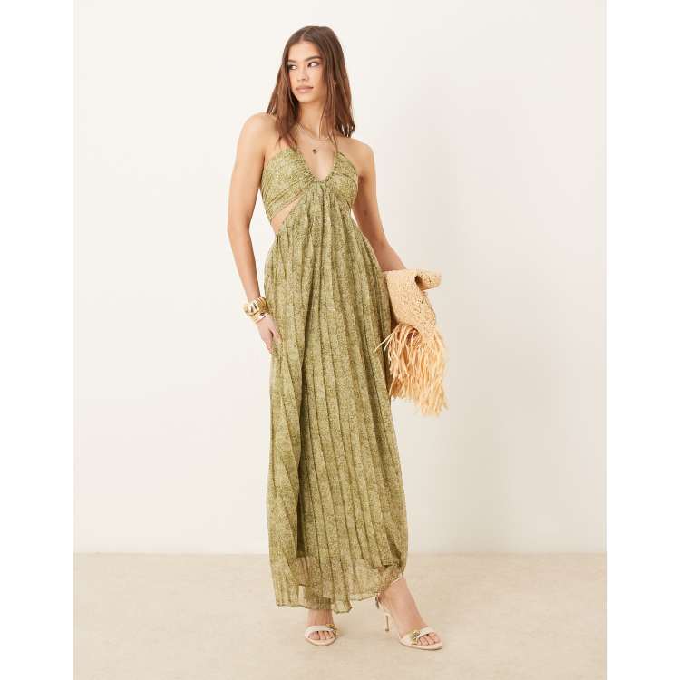 Pretty Lavish cut-out pleated maxi dress in olive floral | ASOS