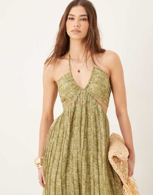 Pretty Lavish cut-out pleated maxi dress in olive floral | ASOS