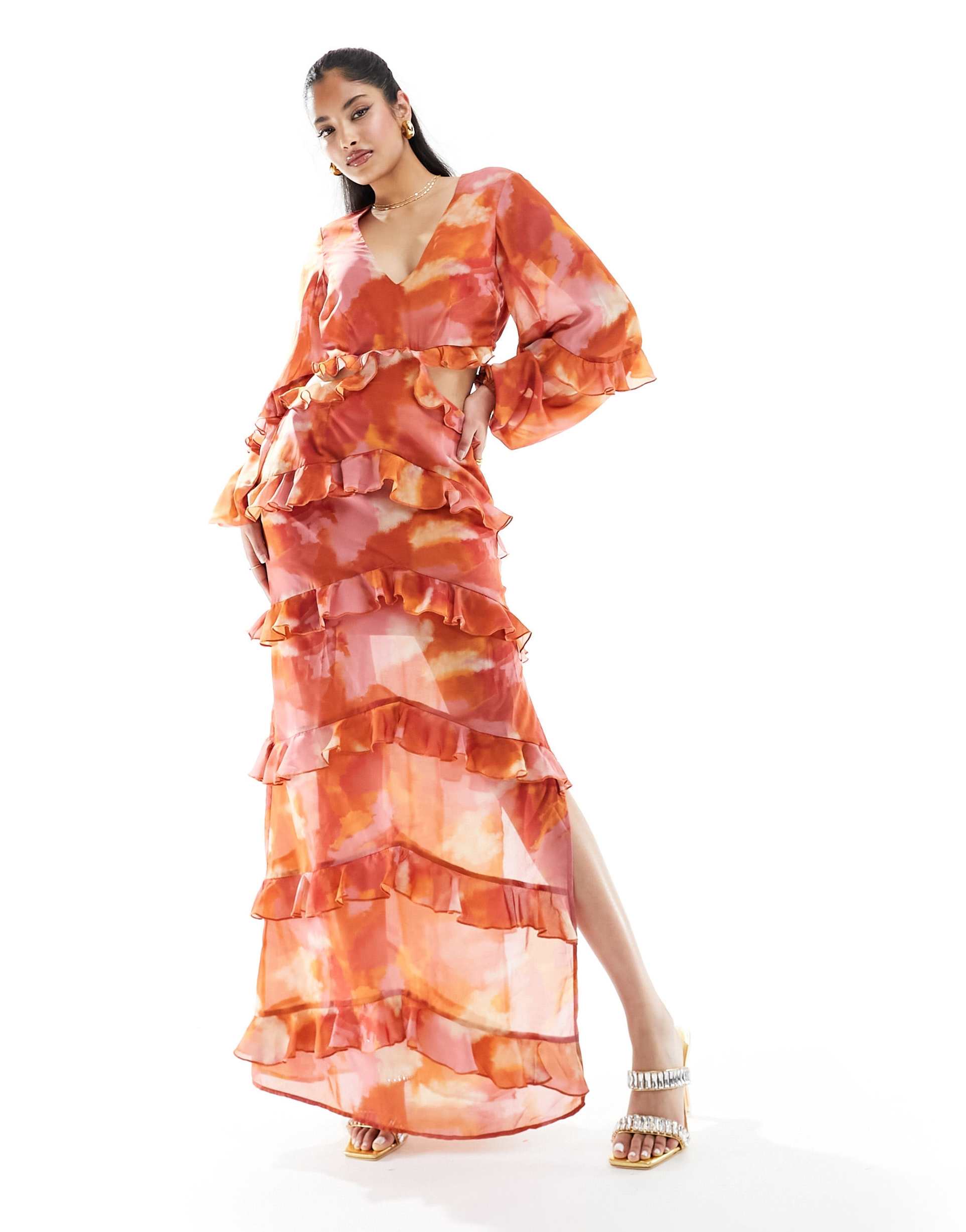 pretty lavish cut-out ruffle maxi dress in abstract watercolor