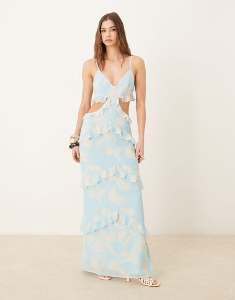 Pretty Lavish cut-out ruffle maxi dress in blue oversized floral - view 1