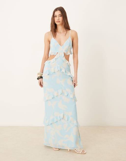 Pretty Lavish cut-out ruffle maxi dress in blue oversized floral