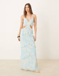Pretty Lavish cut-out ruffle maxi dress in blue oversized floral