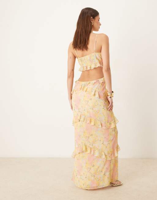 Pretty Lavish - Robe longue à découpes et volants - Imprimé fleurs abstraites de couleurs vives