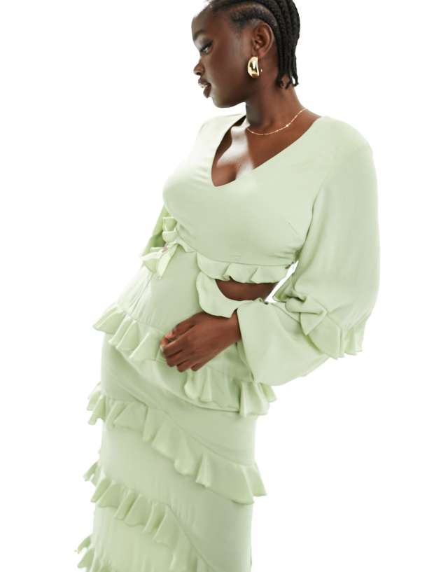 santiago cut out ruffle maxi dress sage Pretty Lavish cut-out in green 55 Bust Color:Custom Color(leaving a note) Christmas dresses table runner Edikted Women's Rhinestone Sheer