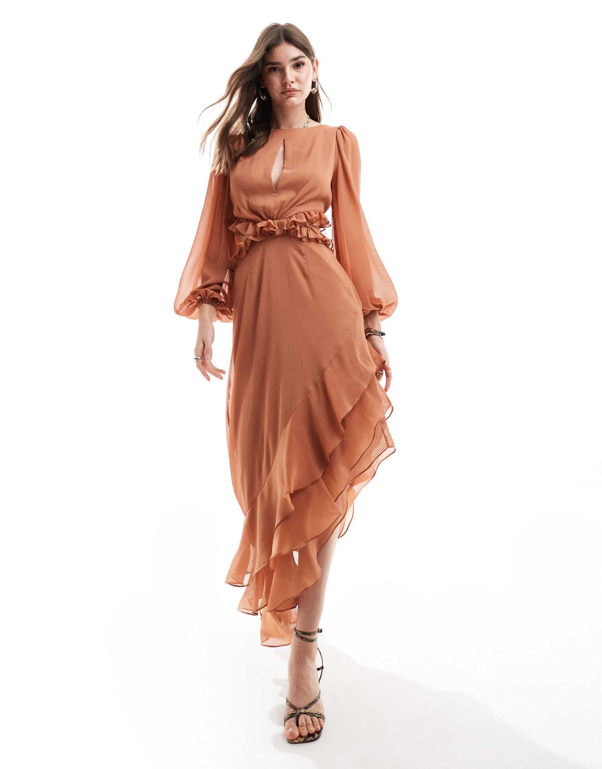 pretty lavish cut-out ruffle maxi dress in sienna brown