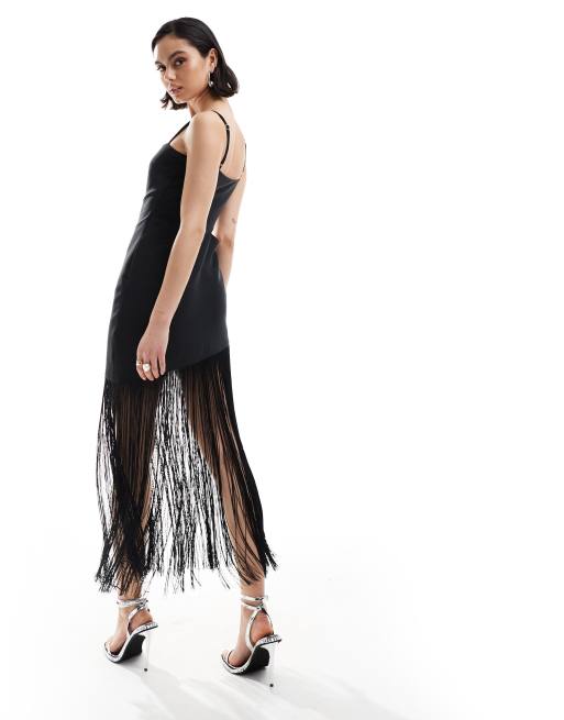 Cut Out Fringe Midi Dress - Black