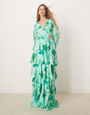 cut out tiered ruffle maxi dress in green floral print-Multi